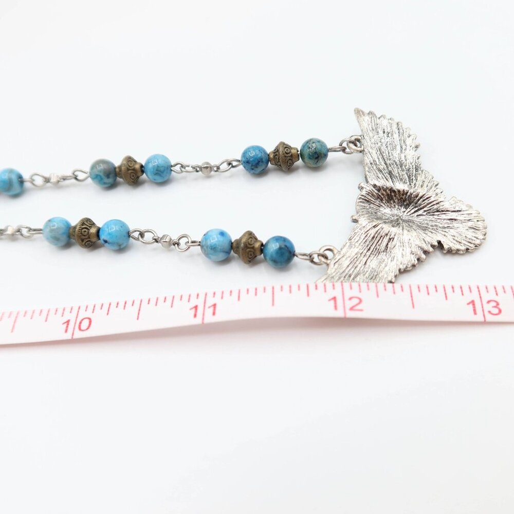 Flying Owl Silver Tone Beaded Pendant Necklace Faux Turquoise Station Boho - Picture 7 of 7